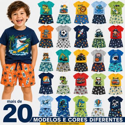 Kit 10 Peças 5 Conjuntos Infantil Menino Verão em Algodão - 5 Shorts 5 Camisas Envio Sortido, Conjunto Juvenil de Menino
