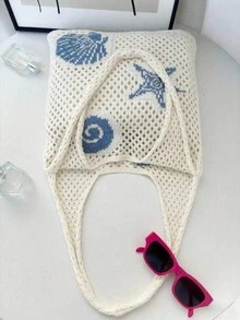 女款夏季海灘托特包－鉤編設計搭配海龜圖案，大容量開口手提，適合休閒外出與海灘度假 - 彩色 - 查看 6