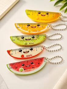 5pcs Mini Summer Fruit Watermelon Kiwi Orange Cute Cartoon Fruit Style Acrylic Ruler With Chain, Transparent Pocket Ruler, Palm-Sized Ruler, Backpack Pencil Case, Stationery Gift Small Pocket Measuring Tool - Multicolor - View 1