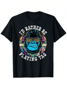 Prefiero jugar y divertirme con gorilas, monos y gorilas en verano. Camiseta de juego de realidad virtual hecha de material adecuado para regalos navideños para mujeres. - Negro - Ver 1