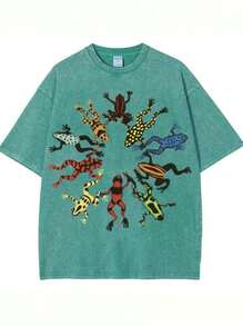 Summer Tops, Washed Cotton, Dancing Frog Feast Print T-Shirt, High-Quality Batik Cotton Vintage Fashion Brand T-Shirt, Unisex T-Shirt, Popular Daily W - 水綠色 - 查看 1