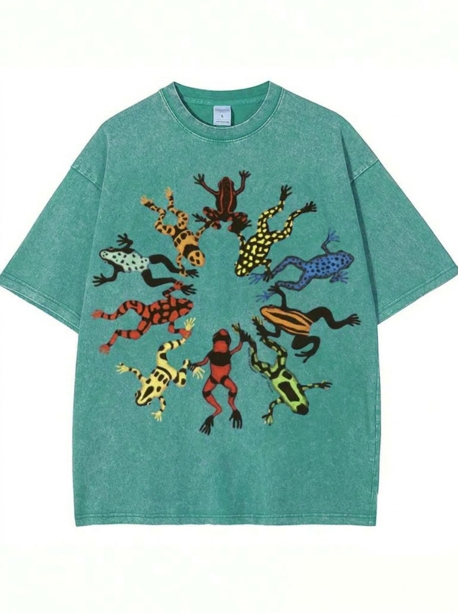 Summer Tops, Washed Cotton, Dancing Frog Feast Print T-Shirt, High-Quality Batik Cotton Vintage Fashion Brand T-Shirt, Unisex T-Shirt, Popular Daily W - 水綠色 - 查看 1