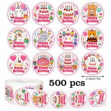 500pcs Pink Birthday Cake Doodle Roll Stickers, 1 Inch Round, 12 Cartoon Patterns Cycle, Office Stationery Stickers, English Happy Birthday, Envelopes, Magazines, Phone Cases, Water Bottles, Computers, Scrapbooks, DIY Journals, Cards, Gift Wrapping - Multicolor - View 1