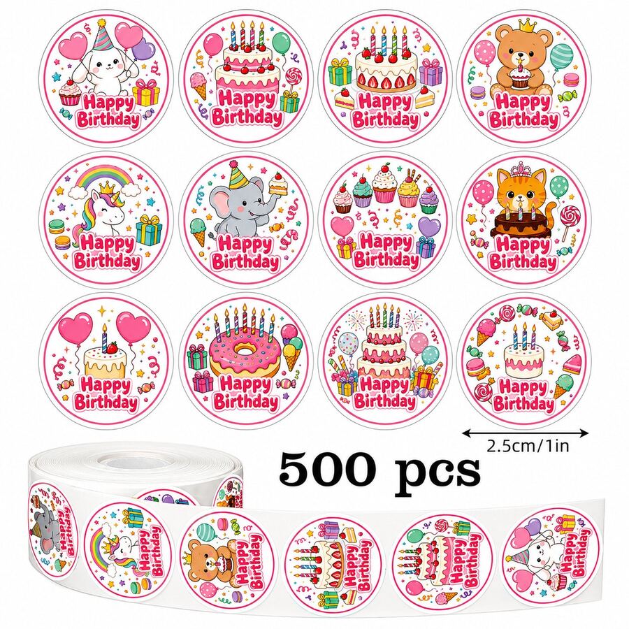 500pcs Pink Birthday Cake Doodle Roll Stickers, 1 Inch Round, 12 Cartoon Patterns Cycle, Office Stationery Stickers, English Happy Birthday, Envelopes, Magazines, Phone Cases, Water Bottles, Computers, Scrapbooks, DIY Journals, Cards, Gift Wrapping - Multicolor - View 1
