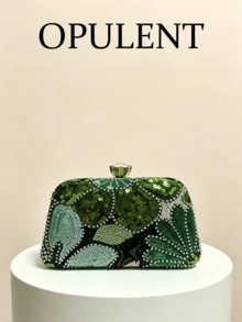 1pc New Emerald Green Floral Sequin Evening Clutch, Gold Frame Hard Shell Wallet, Suitable For Weddings And Parties (Random Cut) - Dark Green - View 1