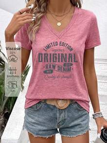 3pcs Women's Knitted V-Neck Short Sleeve Regular Length T-Shirts, Directional Print, Breathable And Soft - Pink+Black+Blue - View 2