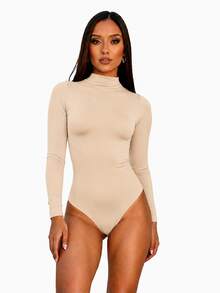 Body Feminino Básico em Suplex, Gola Alta, Manga Longa, Elasticidade Premium, Moda Casual e Social - Bege - Visão 2