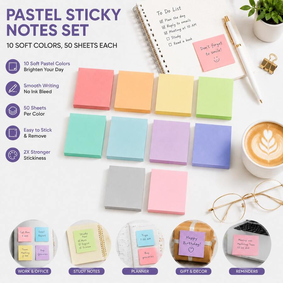 Conjunto de Notas Adesivas Cor Macaron, Bloco de Notas Quadrado Colorido, 50 Folhas por Cor, Notas Adesivas Autoadesivas e Escrevíveis, Marcadores de Página Removíveis, Adequado para Escola, Escritório, Estudo, Planejamento, Papelaria, Volta às Aulas - Tamanho Único - Visão 1