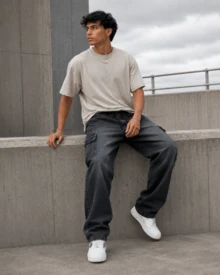 Men's Graphite Cargo Jeans With Stonewashed Finish And Elastic Waistband – Comfortable Loose Fit Streetwear - 0326/01 - 查看 2