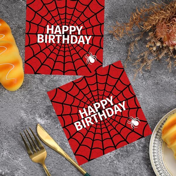 20/40/100Pcs Red Spider Web Printed Square Disposable Napkins, Happy Birthday White Spider Pattern Decorative Paper Napkins, Spider Themed Birthday Party Tableware Supplies Ideal Decor For Halloween Themed Birthday Parties