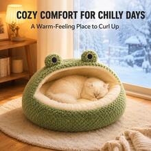 Cute Frog Shaped Plush Pet Bed, Open And Semi-Enclosed Options - Multicolor - View 7