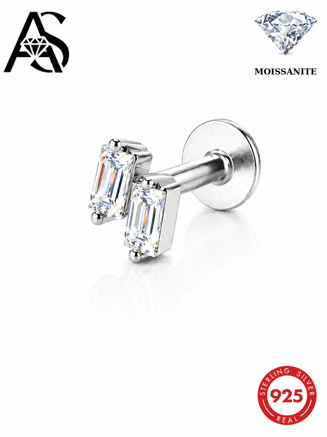 AnlaScheer 1pc 0.1ct Moissanite 925 Sterling Silver Geometric Flat Back Helix Cartilage Stud Earrings For Women Engagement Wedding Bridal Jewelry - Silver - View 1