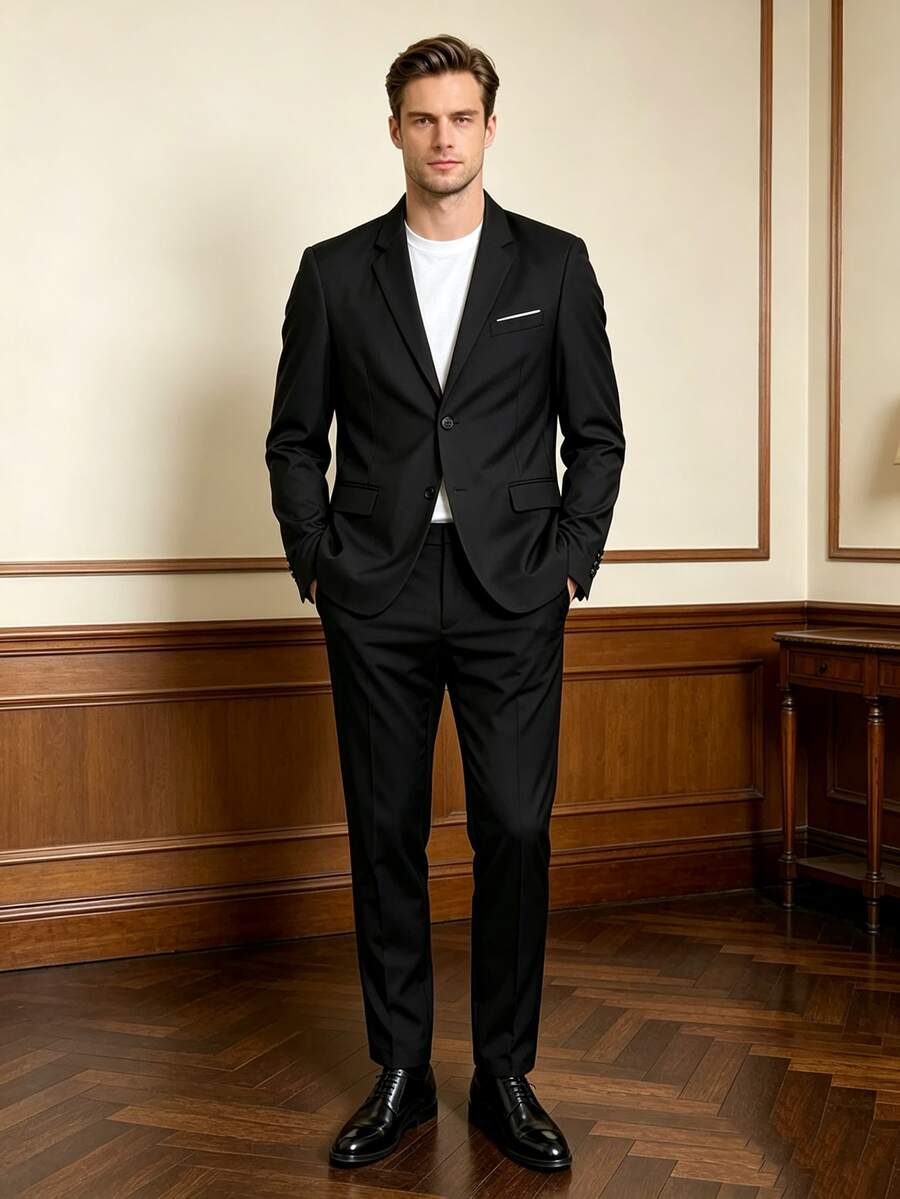 Men's Black 2 Pieces Suit, Suitable For Weddings, Business And Formal Occasions - Black - View 1