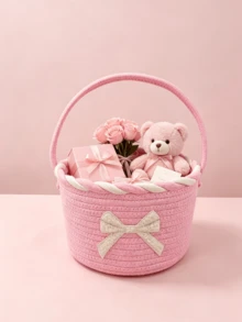 1pc Pink Bow Foldable Storage Basket With Handle, Convenient Storage Bin For Home Dorm Room Organization, Perfect Gift Bouquet Holder Container - Multicolor - View 4