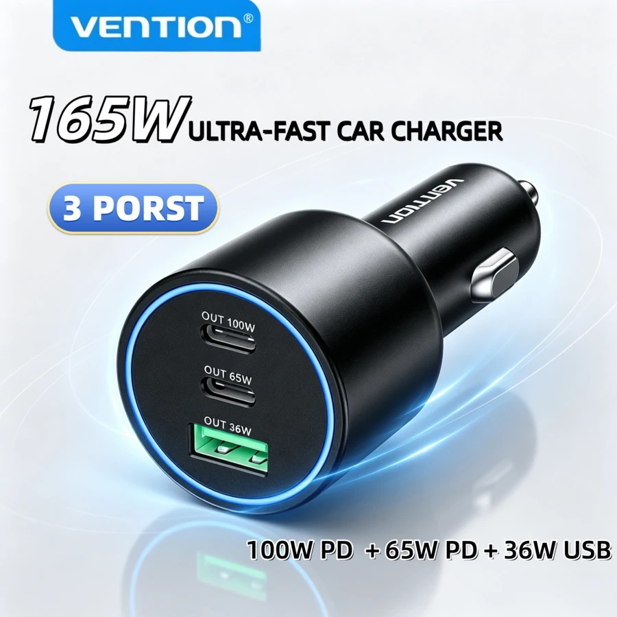 VENTION 165W Ultra-Fast Car Charger, 100W&65W PD Ports With 3 USB Ports, Plug & Play For Laptops, Phones, Dashcams, Built-In LED Indicator - FFPB0 - View 1