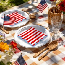 Wavy Edge Paper Cocktail Napkins, Red And White Stripes With Blue Border, Disposable Beverage Hand Towels, Summer Party Tableware Decoration - Blue - View 6
