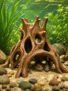 1pc Durable Realistic Brown ABS Hollow Tree Root Cave With Multiple Openings, Driftwood-Style Fish Hideout For Betta, Guppy, Shrimp & Small Fish, Funny Aquarium Ornament & Fish Tank Decor For Winter, Christmas Decorations & Xmas Decorations Indoor - Happy Aquarium - View 11