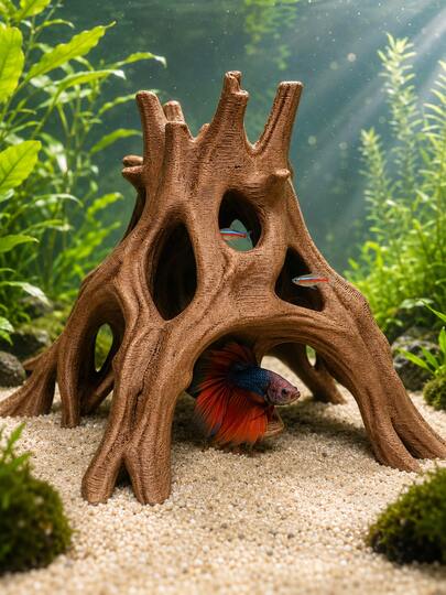 1pc Durable ABS Material Aquarium Root Cave, Realistic Brown Driftwood Style Hollow Fish Hideout, Multi-Opening Design, Natural Water Landscape Decoration, Provides Stress-Relief Shelter For Betta Fish, Guppy, Shrimp And Small Fish, Freshwater Fish Tank Decor