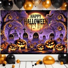 1pc Purple-Toned Full Moon Cemetery Halloween-Themed Banner, Made Of Polyester Material, Suitable For Halloween, Script Killing Venues, Store Settings, Escape Room Settings, Store Decoration, Festival Parties, And General Themes. - A - View 2