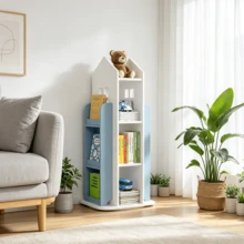 Free Standing Kids Rotating Bookshelf Castle Rack Display Bookcase Toys Storage Book Shelf For Living Room, Bedroom, Bookroom - Blue - View 5