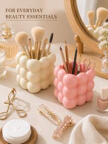 1pc Cute Bubble Design Makeup Storage Box, Compact Makeup Brush Holder, Vanity Tabletop Makeup Tool Rack, Suitable For Makeup Brushes, Eyebrow Pencils, Eyeliner, Lip Liners And Nail Art Tools, Powder Cream Color Desktop Decoration, Suitable For Women And Girls - New Model - View 1