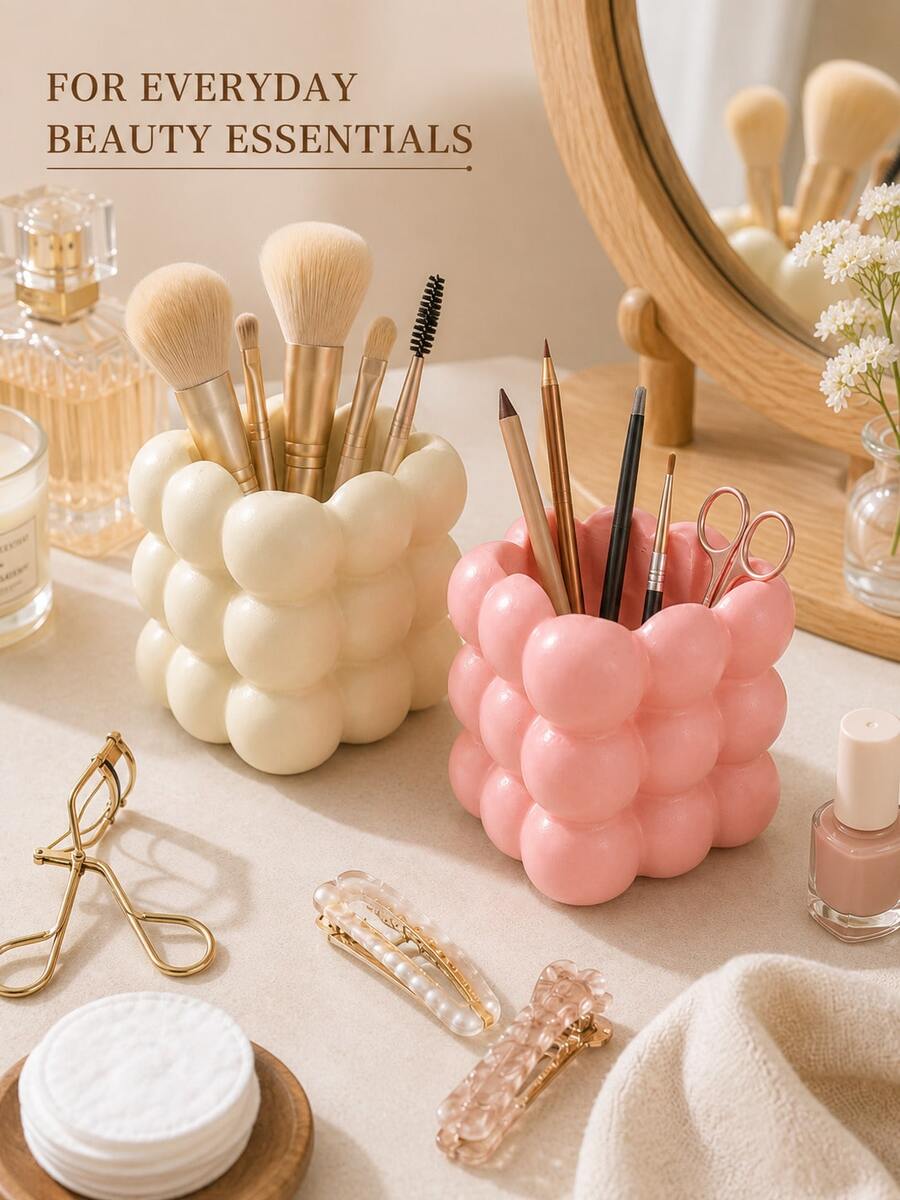1pc Cute Bubble Design Makeup Storage Box, Compact Makeup Brush Holder, Vanity Tabletop Makeup Tool Rack, Suitable For Makeup Brushes, Eyebrow Pencils, Eyeliner, Lip Liners And Nail Art Tools, Powder Cream Color Desktop Decoration, Suitable For Women And Girls - New Model - View 1