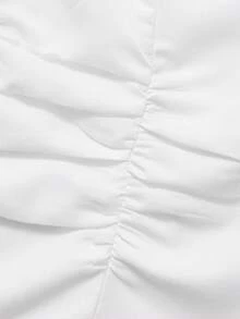 Women's White Button-Up Short Sleeve Ruched Fitted V-Neck Collared Blouse, Summer Business Casual Commute Office Wear - White - View 7