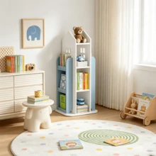 Free Standing Kids Rotating Bookshelf Castle Rack Display Bookcase Toys Storage Book Shelf For Living Room, Bedroom, Bookroom - Blue - View 3