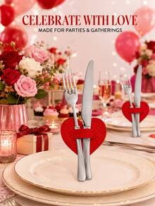 13pcs Valentine's Day Tableware Storage Bag Set, Red Heart-Shaped Cutlery Pockets, Romantic Table Decor Organizer, Suitable For Dinner Parties, Weddings And Date Nights, Utensils Not Included - Red Heart - View 7