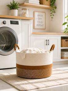 Clothing Storage Basket, Woven Storage Organizer Basket With Handle, Home Storage Bin, Suitable For Kitchen, Bathroom, Bedroom, Living Room, Dorm, Desk, School - Brown - View 3