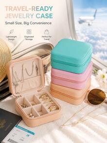 1pc Portable Small Jewelry Storage Box With Zipper And Soft Velvet Lining, Ring Holder, Earring Necklace Bracelet Organizer, Compact Jewelry Box, Fits In Handbag, Perfect For Vacation, Birthday And Christmas Gift - Multicolor - View 4