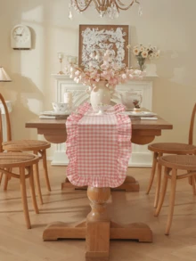 1/20PCS French Style Plaid Vintage Ruffle Edge Table Runner, Suitable For Living Room, Dining Room, Holiday Party, Family Gathering, Wedding Banquet, Birthday Table Decoration, Washable - Pink - View 2