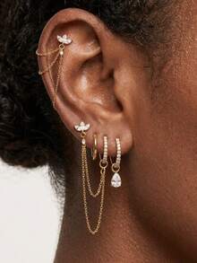 Minimalist Gold Ear Piercing Jewelry, Lotus CZ Chain Studs & Teardrop CZ Huggie Hoops, Delicate Gold Earrings For Daily Wear - Yellow Gold - View 1