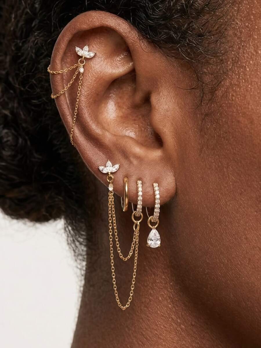 Minimalist Gold Ear Piercing Jewelry, Lotus CZ Chain Studs & Teardrop CZ Huggie Hoops, Delicate Gold Earrings For Daily Wear - Yellow Gold - View 1