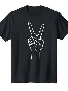 Men's T - Shirt With Peace Sign Hand Gesture Graphic Print, Casual Black Short Sleeve Tee For Daily & Streetwear - Black - View 1