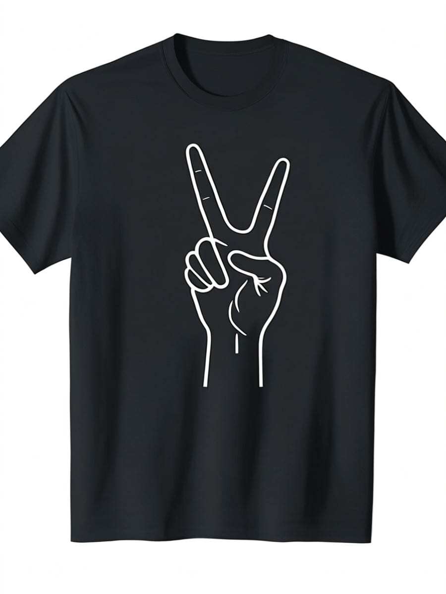 Men's T - Shirt With Peace Sign Hand Gesture Graphic Print, Casual Black Short Sleeve Tee For Daily & Streetwear - Black - View 1