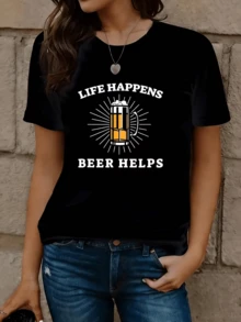 Citas sobre la cerveza, vida divertida, ayuda para beber, festival de bebidas, 1 pieza, 220g, camiseta de manga corta de talla grande para mujer, top novedoso con cuello redondo, camiseta ca - Negro - Ver 5