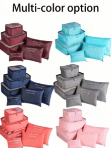 6pcs Travel Storage Set, Foldable Luggage Organizer Bags, Compression Storage Bags, Includes Toiletry Bag, Makeup Bag, Underwear Bag, Shoe Bag, Underwear & Socks Organizer Bag - Pink - View 1