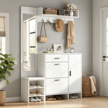 Hall Tree For Entryway, Including Shoe Cabinet, Mirror And Coat Hooks, Multifunctional Shoe Cabinet With Shoe Change Bench, For Hallway Entryway, White, 140x30x200cm - White - View 3