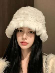 1件人造兔毛可調節水桶帽，女款秋冬百搭保暖大頭圍水桶帽，純色毛絨水桶帽 - 絨毛 - 查看 5
