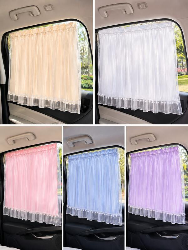 Cortinas de encaje para ventanas de coche, parasol para ventanas laterales de coche, parasol con ventosa para asiento trasero, cubierta de protección solar y privacidad, cortinas con borde de volantes transparentes, ajuste universal para la mayoría de los modelos de coche, accesorios lindos para el interior del coche, adecuados para mujeres y niñas, rosa blanco beige