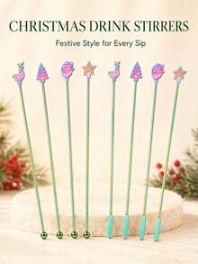 8 cây khuấy đồ uống cán dài Giáng Sinh hình tuần, cây thông, ông già Noel, ngôi sao cho cocktail và cà phê - Nhiều màu - Xem 6