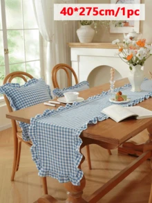 1/20PCS French Style Plaid Vintage Ruffle Edge Table Runner, Suitable For Living Room, Dining Room, Holiday Party, Family Gathering, Wedding Banquet, Birthday Table Decoration, Washable - Blue - View 9