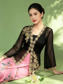 1pc Modern Elegant Button-Up Long Sleeve Cardigan Top, Black Long Sleeve Cardigan Top For Women, Summer - Black - View 1