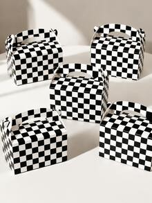 6/12 piezas Cajas de regalo a cuadros blanco y negro, cajas de recuerdos con tema de carreras con asas, cajas DIY para dulces y aperitivos, cajas de golosinas triangulares para decoraciones de fiesta de cumpleaños, suministros para fiestas infantiles, decoraciones de Navidad y Halloween, bolsas de regalo para dulces y aperitivos - Caja de regalo minimalista a cuadros blanco y negro - Ver 2