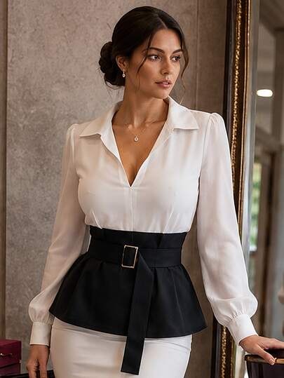 Women's Sophisticated Two-Tone Blouse Semi-Sheer Woven Fabric Top With Flared Hem, Office Chic Long Raglan Sleeve