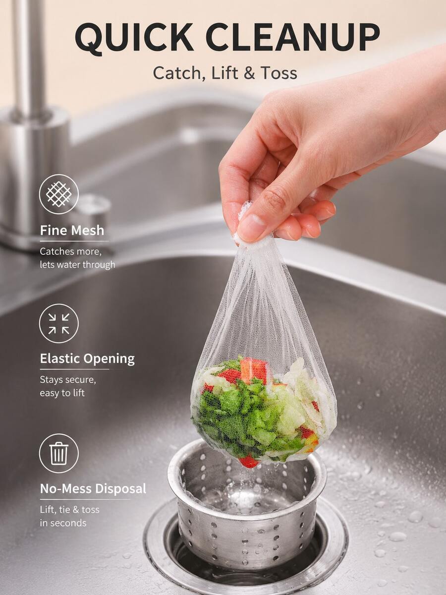 100pcs Disposable Fine Mesh Kitchen Sink Strainer Bags, Elastic Drain Filter Net, Anti-Clogging Food Residue Collection Bag, Easy To Lift And Discard Sink Drain Protector, Suitable For Most Kitchen And Bathroom Sink Strainers - A - View 1