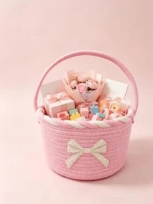 1pc Pink Bow Foldable Storage Basket With Handle, Convenient Storage Bin For Home Dorm Room Organization, Perfect Gift Bouquet Holder Container - Multicolor - View 7