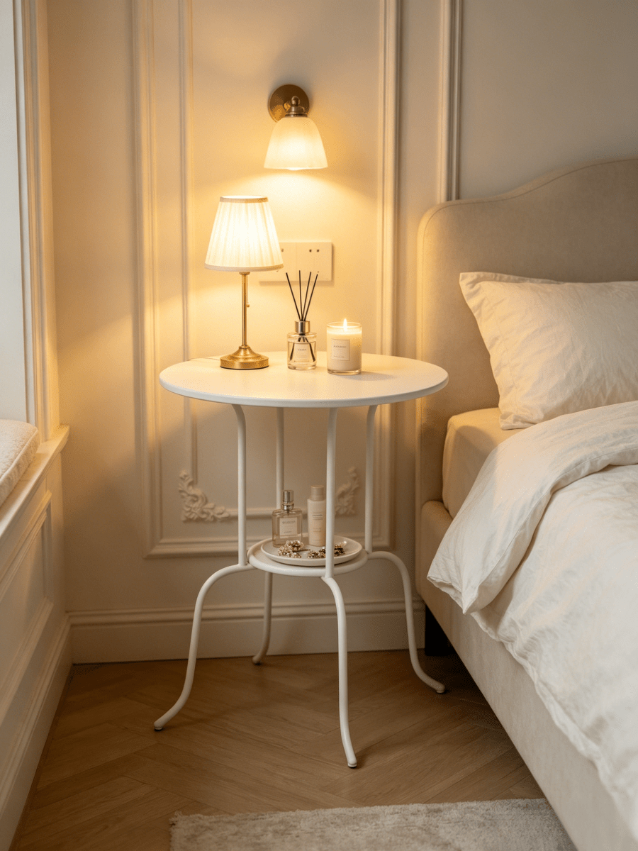 1pc Lightweight Double-Layer Iron Side Table With Round Double-Tier Storage Structure, Bedside Storage Table, Small Leisure Table For Courtyards And Balconies.