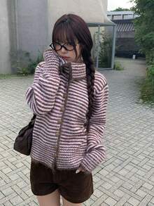 Vintage Low Saturation Autumn/Winter Versatile Casual Collared Striped Knit Cardigan Sweater Jacket For Women - Pink - View 2